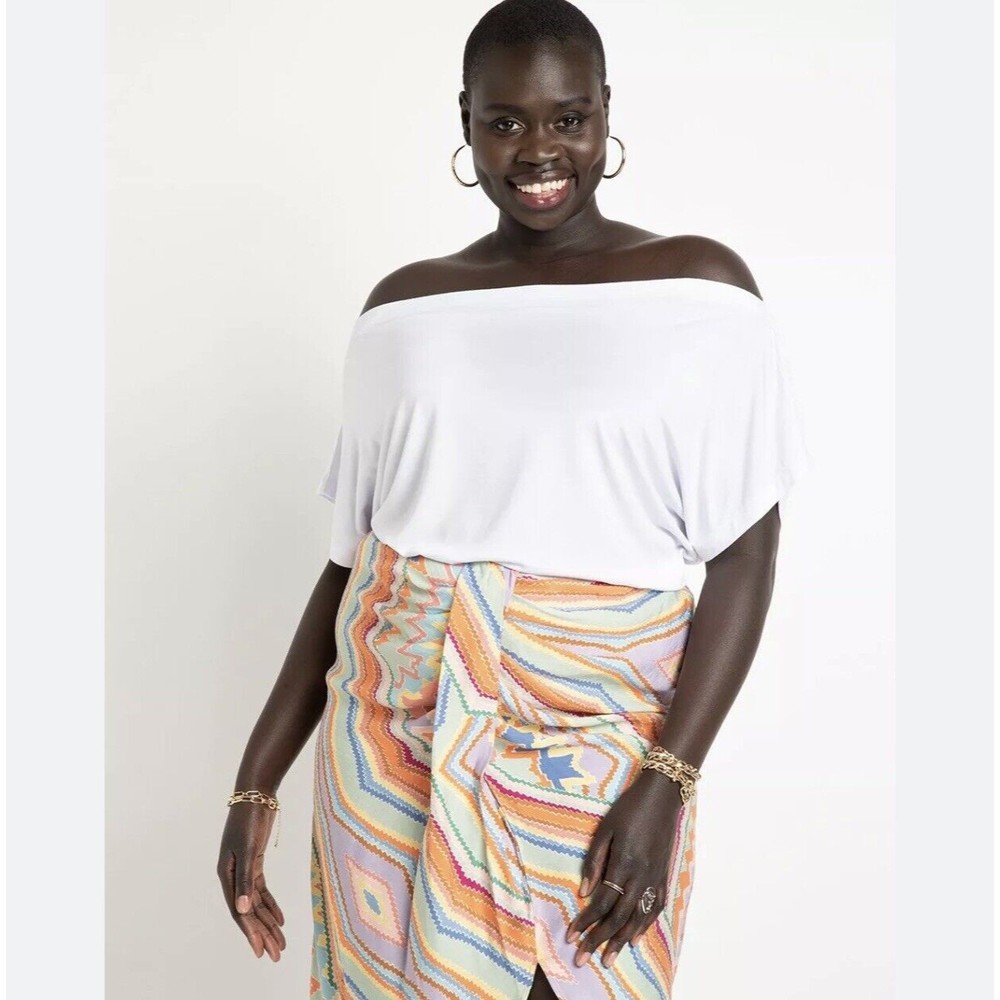 ELOQUII Plus Size 14 Colorful Boho Geometric Print Faux Wrap Rayon Skirt New